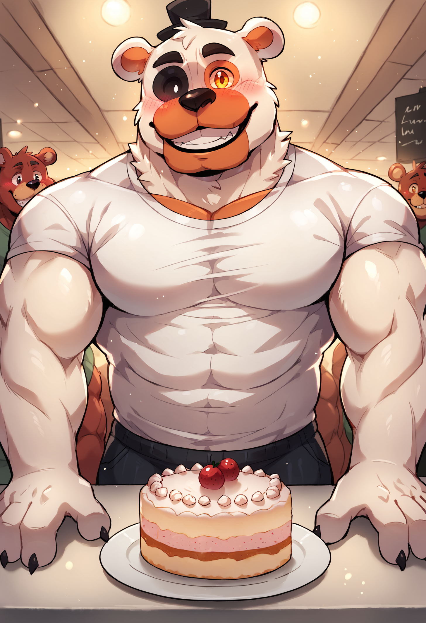 score_9, score_8_up, score_7_up, lots of details, highly detailed, moltenfreddy, (furry), fur, bear, upper body, low angle, dad theme, dad body, tight t-shirt, cafe, date, pov, blush, smile, cake, ballons, orange eye, looking at viewer, muscular, bodybuilder, one eyed, bright background, light particles, detailed, detailed eyes, hires, best quality <lora:Molten_Freddy:0.9>
