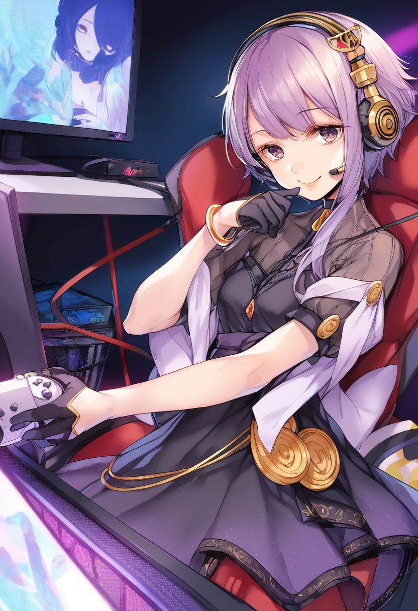 score_9, score_8_up, score_7_up, best quality, masterpiece, 4k, uncensored, prefect lighting, rating_explicit, very aesthetic, source_anime, BREAK,
1girl, solo,
<lora:YuzukiYukari_Rei_Pony_V1:0.9>yuzuki yukari, purple eyes, lips,  purple hair, short hair with long locks,  sidelocks, headset, microphone, headphones, 
dress, shawl, black dress, short sleeves, puffy short sleeves,  black bow, hagoromo, half gloves, rabit food,
bangle, gloves, black gloves,bracelet, jewelry,
from front,, looking down,, full body,,
(mature female), (large brests),cute , kawaii,
blush, smile,  looking at viewer, (sitting on a chair), 
Streamer room, gaming chair, gaming PC, game equipment, controller, TV monitor, PC monitor, headphones, headset, anime poster, game poster,