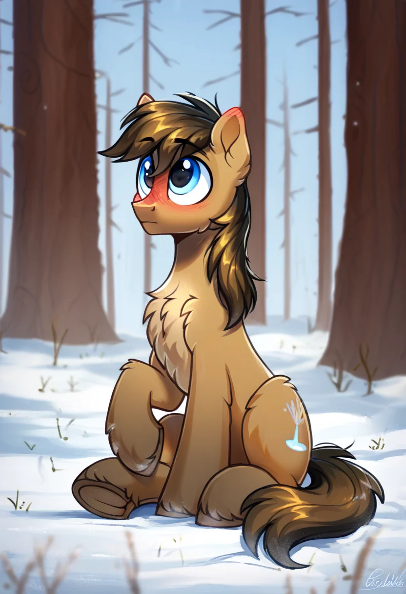 score_9, score_8_up, score_7_up, score_6_up, score_5_up, score_4_up, rating_safe, oc:dahurian, earth pony, male, pony, solo, stallion, blushing, chest fluff, cute, high res, oc, snow, talking, tree, big hooves, looking up, oc only, underhoof, ocbetes, sitting up, frog \(hoof\), earth pony oc, yakutian horse, detailed, beautiful, <lora:Snow_Ponies-000008:1>