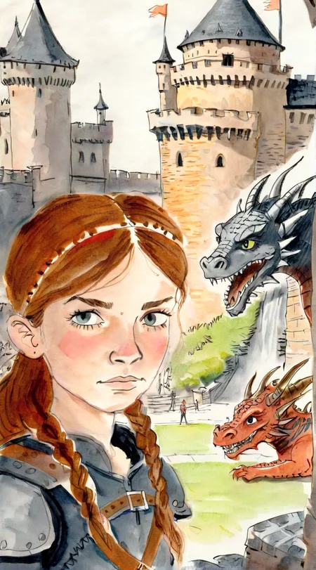 drawix2 closeup portrait of a warrior girl in the background of a castle and dragons<lora:drawix2:1>