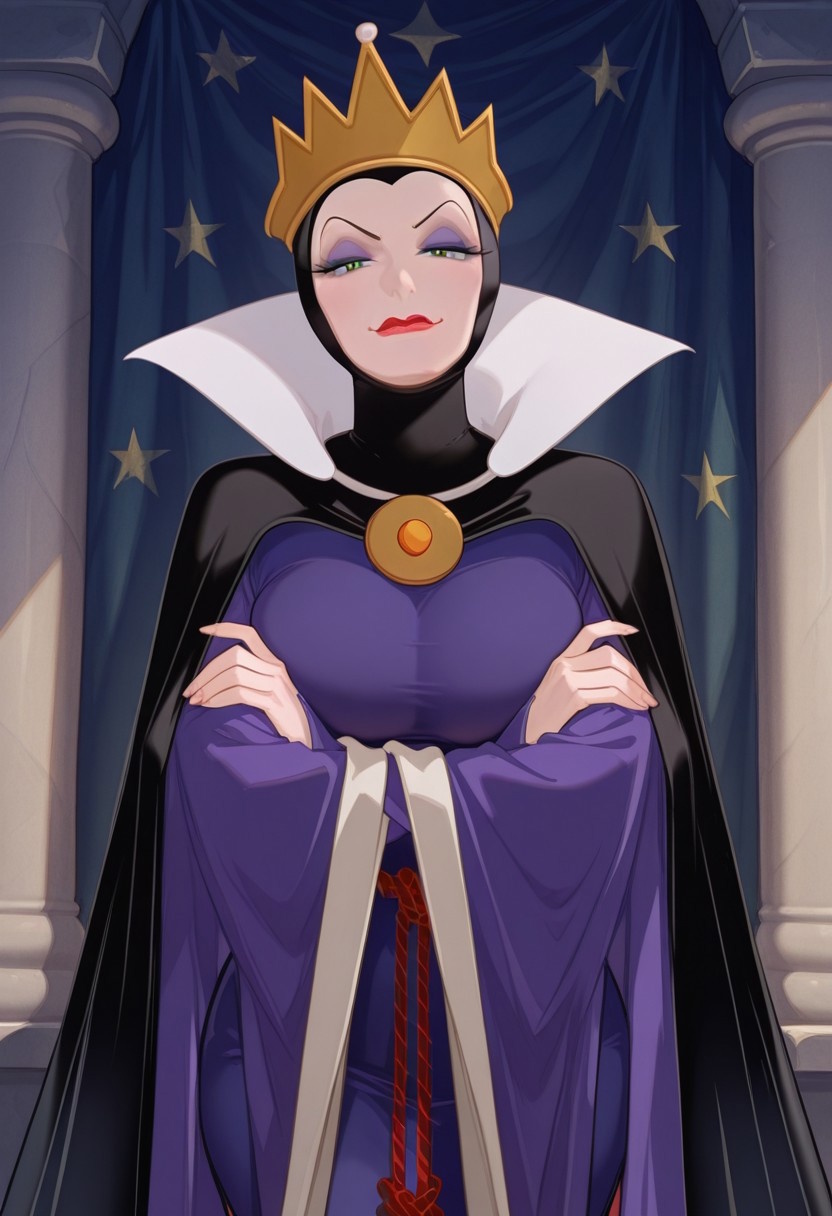 score_9,score_8_up,score_7_up,score_6_up,best quality,masterpiece,background is eqg curtain, 1girl, solo,
BREAK
eqg, crown, mature female, black coif, green eyes, (black pupils:1.2), detailed eyes, eyeshadow, makeup, looking at viewer, red lips, lipstick, black cape, large white collar, amulet, purple dress, wide sleeves, large breasts, wide hips, narrow waist, crossed arms, red rope belt, smug,