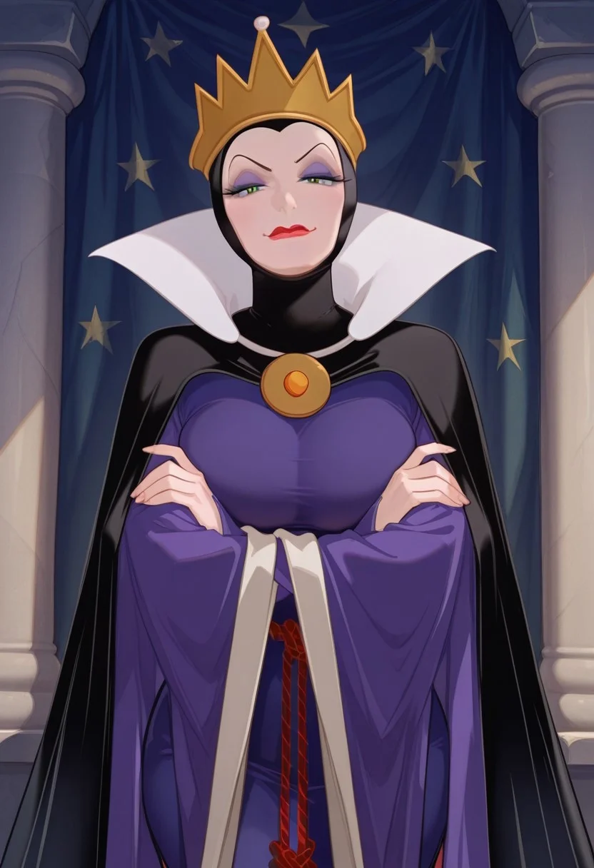 score_9,score_8_up,score_7_up,score_6_up,best quality,masterpiece,background is eqg curtain, 1girl, solo,
BREAK
eqg, crown, mature female, black coif, green eyes, (black pupils:1.2), detailed eyes, eyeshadow, makeup, looking at viewer, red lips, lipstick, black cape, large white collar, amulet, purple dress, wide sleeves, large breasts, wide hips, narrow waist, crossed arms, red rope belt, smug,