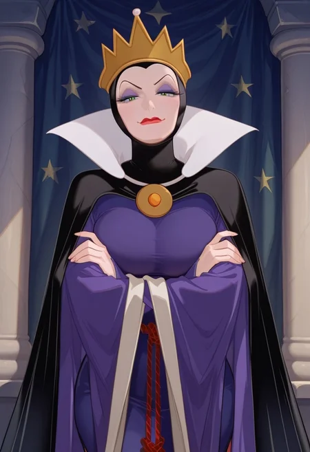 score_9,score_8_up,score_7_up,score_6_up,best quality,masterpiece,background is eqg curtain, 1girl, solo,
BREAK
eqg, crown, mature female, black coif, green eyes, (black pupils:1.2), detailed eyes, eyeshadow, makeup, looking at viewer, red lips, lipstick, black cape, large white collar, amulet, purple dress, wide sleeves, large breasts, wide hips, narrow waist, crossed arms, red rope belt, smug,