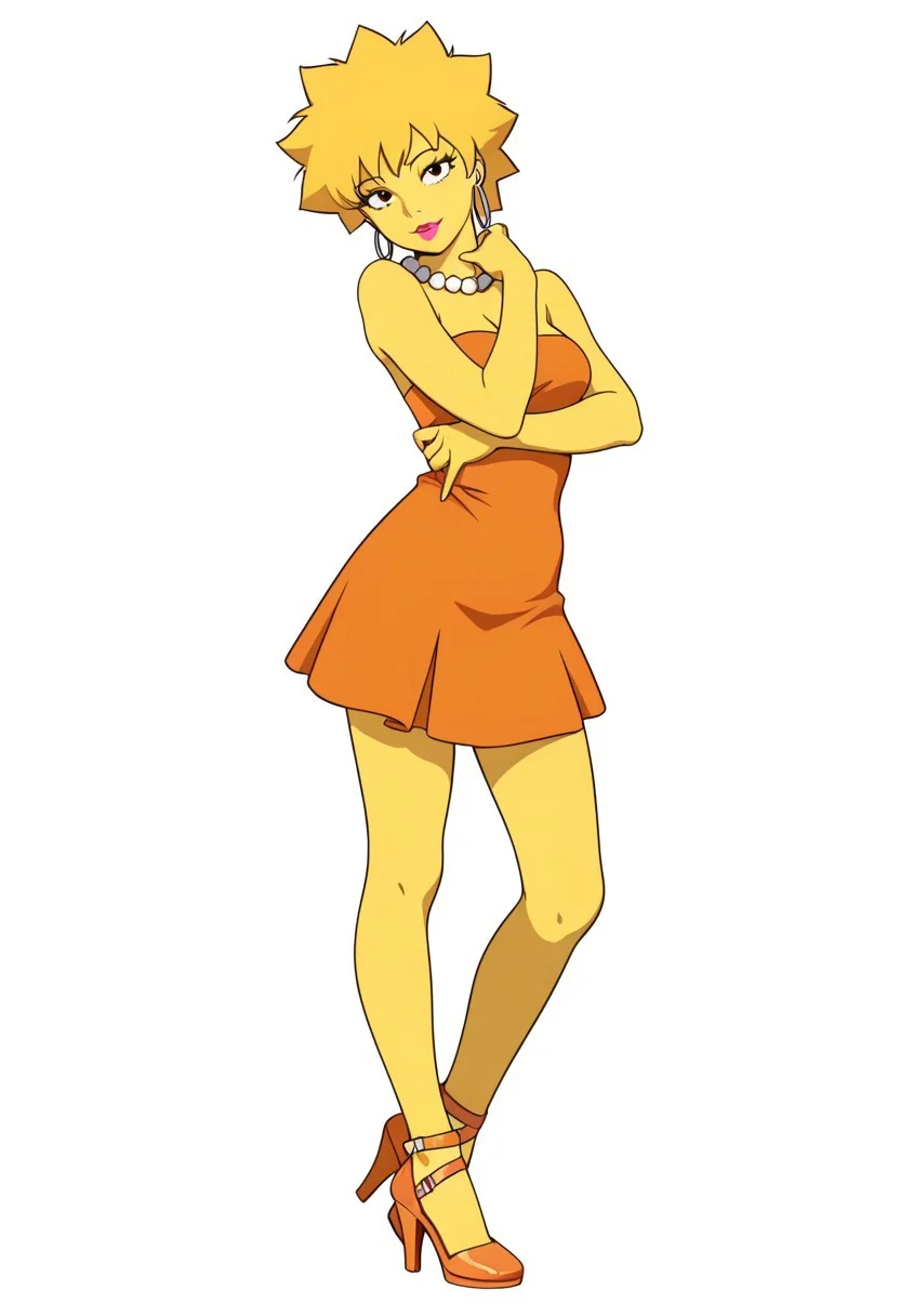 anime coloring, lineless, realistic cartoon,
flat colors, lisa simpson, yellow skin, pearl necklace, orange tube dress, earrings, lipstick, official art, orange footwear high stiletto heel, ankle straps shoes, tilt head
Solo, pose, looking at viewer, white background, simple background, masterpiece, best quality, amazing quality, intricate ditails, , attractive exciting, seductive pose,
Standing