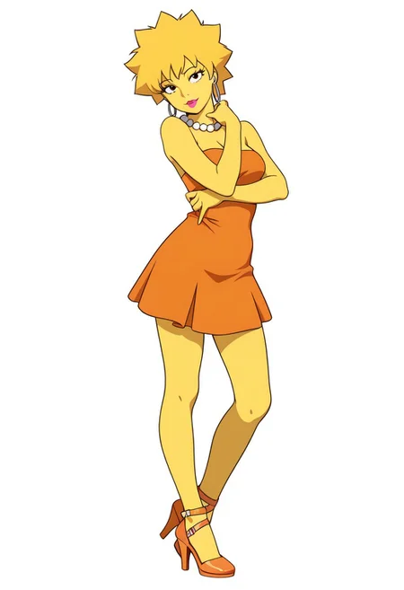 anime coloring, lineless, realistic cartoon,
flat colors, lisa simpson, yellow skin, pearl necklace, orange tube dress, earrings, lipstick, official art, orange footwear high stiletto heel, ankle straps shoes, tilt head
Solo, pose, looking at viewer, white background, simple background, masterpiece, best quality, amazing quality, intricate ditails, , attractive exciting, seductive pose,
Standing