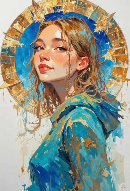looking at camera vogue fashion   mystical ethereal  liquid   detailed fluid painting   on pressed paper  by Rockwell Vallejo Royo  abstract expressionism  old vintage   cinematic double exposure ink and watercolor transparent  score_9,score_8_up,score_8,score_9,loose watercolor, solo focus, 1girl, solo, 18 year old))) virgin Mary, sky blue mantle, golden veil, ((light brown eyes, medium blonde hair, long hair, pale skin, coy, small smile, blush,  head to toe portrait, three quarter view, cute pose, coy, red lipstick, dramatic eye shadow, posing, divine, magic circle background, medium size tits, petite ,small hips, detailed eyes,),kahb style,ct-identityV2,Pixomeda style    astral glowing aura  artistic masterpiece portrait   cinematic magic art dynamic intricated pose   abstract expressionism mannerism lights and shadows intricated play    glowing sparks  dynamic movement  Kuindzhi Dan Mumford Andy Kehoe expressive brushstrokes mixed with wash masterpiece , transparence intricated lighting, dynamic shadow play sparks , high deepness cinematic,REALNIME <lora:FLUX-daubrez-DB4RZ-v2:1> DB4RZ, DB4RZ style painting, <lora:Test_OS:0.8>