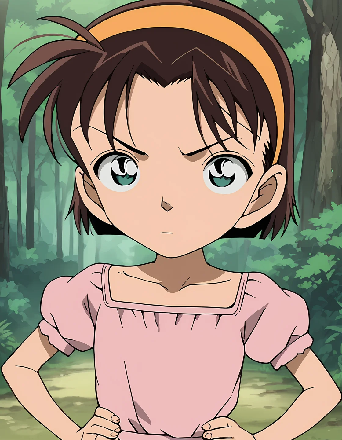 score_9, score_8_up, score_7_up, score_6_up, score_5_up, score_4_up, source_anime, <lora:AyumiY_T1V1:0.90>,
1girl, solo, flat color, anime screencap,
AyumiY_T1V1, female child, chibi, brown hair, short hair, aqua eyes, orange hairband,
pink shirt, puffy short sleeves, collarbone,
hands on own hips,
looking at viewer, v-shaped eyebrows, frown,
upper body, outdoors, forest, nature,
