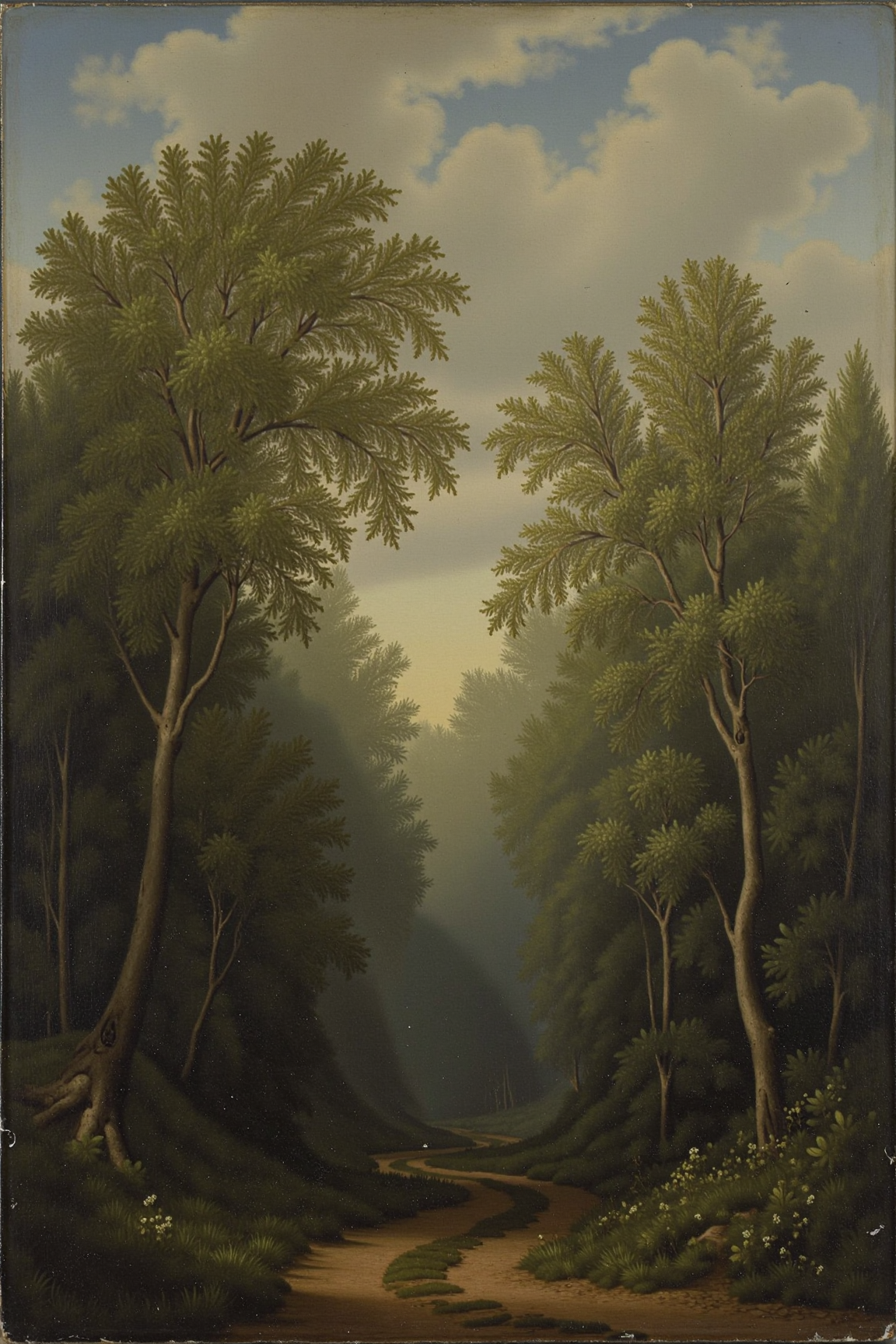 yfg-P@int by a dutch master painter, Moody landscape painting in soft, muted colors by a Dutch master painter, captured with an Impasto brush set to heavy for textured, three-dimensional depth effect, focusing on off-center composition to lead the viewer's eye into the depths of the forest, setting the color balance to warm tones with touches of cool blue undertones to enhance the sense of mystery and unease.