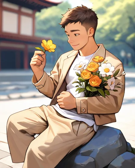 masterpiece, best quality, amazing quality, 1boy, solo, masterpiece, best quality, young man sitting on a rock, relaxed posture, casual outfit (beige jacket, white t-shirt, beige trousers), short dark hair, holding a small bouquet of flowers, slight smile, looking at the camera, outdoor setting, blurred background with architecture, candid lifestyle photography, shallow depth of field, bright and even lighting, sunny day, volumetric lighting, breeze style
<lora:Bree_Style_Hv2:1>