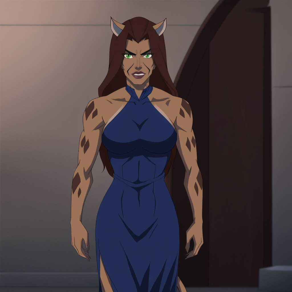<lora:CheetahBloodlines_pony_v1:.8> CheetahBloodlines, 1girl, animal ears, tail, brown hair, long hair, green eyes, breasts, muscular female, dark skin, dark-skinned female, standing, cowboy shot,  <lora:0932 Home wear 9_v1_pony:1> ruanyi0932,blue dress,halter dress,sleeveless,cowboy shot,taut dress,skin tight,long dress