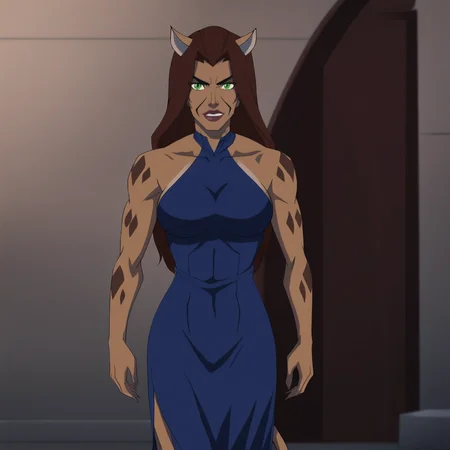 <lora:CheetahBloodlines_pony_v1:.8> CheetahBloodlines, 1girl, animal ears, tail, brown hair, long hair, green eyes, breasts, muscular female, dark skin, dark-skinned female, standing, cowboy shot,  <lora:0932 Home wear 9_v1_pony:1> ruanyi0932,blue dress,halter dress,sleeveless,cowboy shot,taut dress,skin tight,long dress