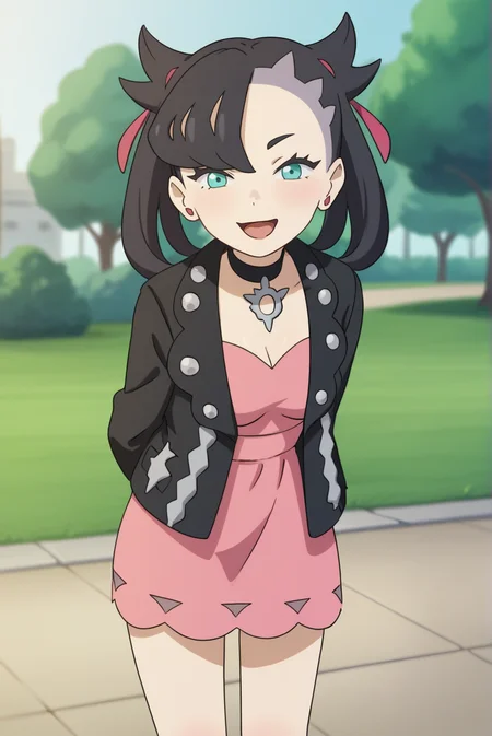 score_9, score_8_up, score_7_up, score_6_up, score_5_up, score_4_up, BREAK source_anime, 1girl, solo,
<lora:PokemonMarnieXL-v1-06:0.7>, ChopioMarnie, black hair, medium hair, twintails, undercut, pink hair ribbon, asymmetrical bangs, aqua eyes, eyelashes, pink earrings, looking at viewer,
mature female, [small breasts : medium breasts: 1], 
outfit_1, black jacket, black choker, jewelry, open jacket, studded jacket, long sleeves, pink dress,
standing, smile, thighs, cowboy shot,
park, grass, stone path, lamppost, sunny, knees, arms behind back, leaning forward, open mouth, tongue,