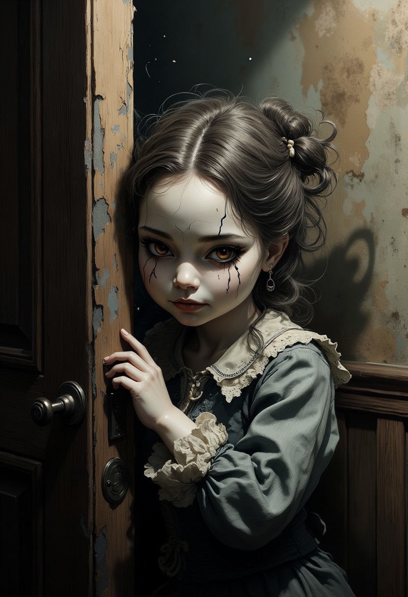 Create an intricately detailed, hyper-realistic head-and-shoulders portrait of an aging, cracked Victorian-era porcelain and paper-mâché doll. She is small in stature, no bigger than a small child and peers around the edge of a dark wooden doorway, her delicate porcelain fingers barely visible as they grip the frame. A deep, jagged crack splits her forehead, and her glossy black void-like eyes lock onto the viewer with a sinister, knowing grin. A cold, unnatural glow from behind silhouettes her figure, casting an eerie halo around her wild, dust-matted curls. Her once-elegant Victorian gown, adorned with tattered lace and intricate embroidery, clings to her fragile frame, the frayed edges barely catching the dim light. The peeling wallpaper behind her reveals darkened wood panels, their surfaces warped with time. Wisps of dust swirl in the air, illuminated by the unsettling backlight, as faint whispers seem to emanate from the shadowed hallway beyond. The air is thick with haunting elegance, a perfect balance of beauty and creeping dread as she lingers in the doorway, watching… waiting.