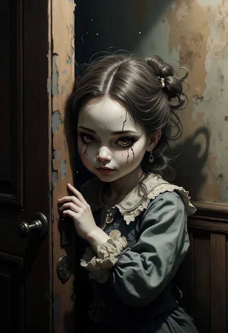 Create an intricately detailed, hyper-realistic head-and-shoulders portrait of an aging, cracked Victorian-era porcelain and paper-mâché doll. She is small in stature, no bigger than a small child and peers around the edge of a dark wooden doorway, her delicate porcelain fingers barely visible as they grip the frame. A deep, jagged crack splits her forehead, and her glossy black void-like eyes lock onto the viewer with a sinister, knowing grin. A cold, unnatural glow from behind silhouettes her figure, casting an eerie halo around her wild, dust-matted curls. Her once-elegant Victorian gown, adorned with tattered lace and intricate embroidery, clings to her fragile frame, the frayed edges barely catching the dim light. The peeling wallpaper behind her reveals darkened wood panels, their surfaces warped with time. Wisps of dust swirl in the air, illuminated by the unsettling backlight, as faint whispers seem to emanate from the shadowed hallway beyond. The air is thick with haunting elegance, a perfect balance of beauty and creeping dread as she lingers in the doorway, watching… waiting.