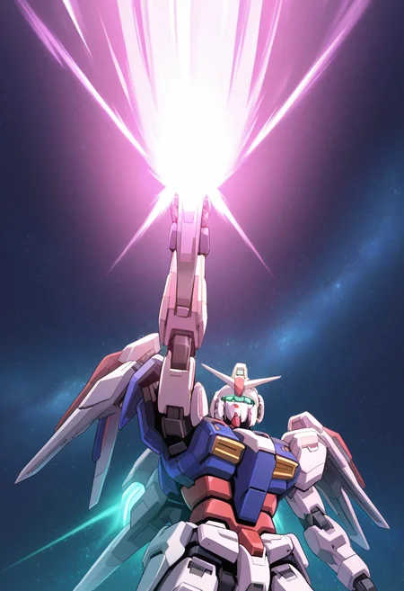 masterpiece, best quality, ultra-detailed, absurdres, newest, no humans, robot, solo, gundam, holding beam weapon, transamraiser, pink beam, giant beam, one arm up, outer space, upper body, close up, straight on