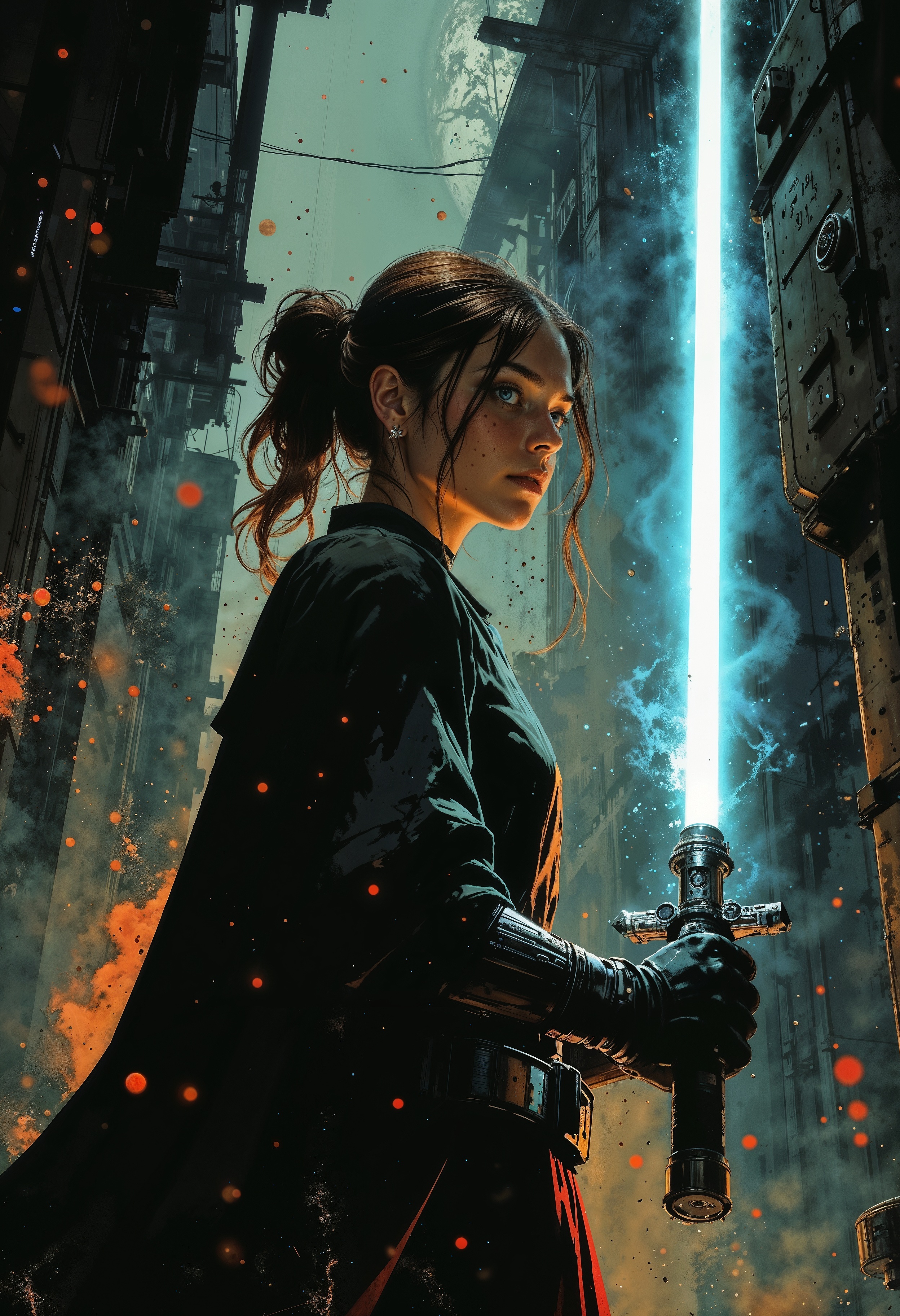 detailed photorealistic image, closeup portrait of female jedi knight, robes, holding lightsaber sword glowing blue with magical energy, standing in ray of sunlight inside a space ship, directional lighting, masterpiece, perfect composition, perfect hands    <lora:FluxMythP0rtr4itStyle:0.5> mythp0rt <lora:sxz-Dark-Fantasy-v2-Flux:0.6> drkfnts style <lora:Luminous_Shadowscape:0.6> <lora:s1n0z1ck-flux-test-lora:0.35>