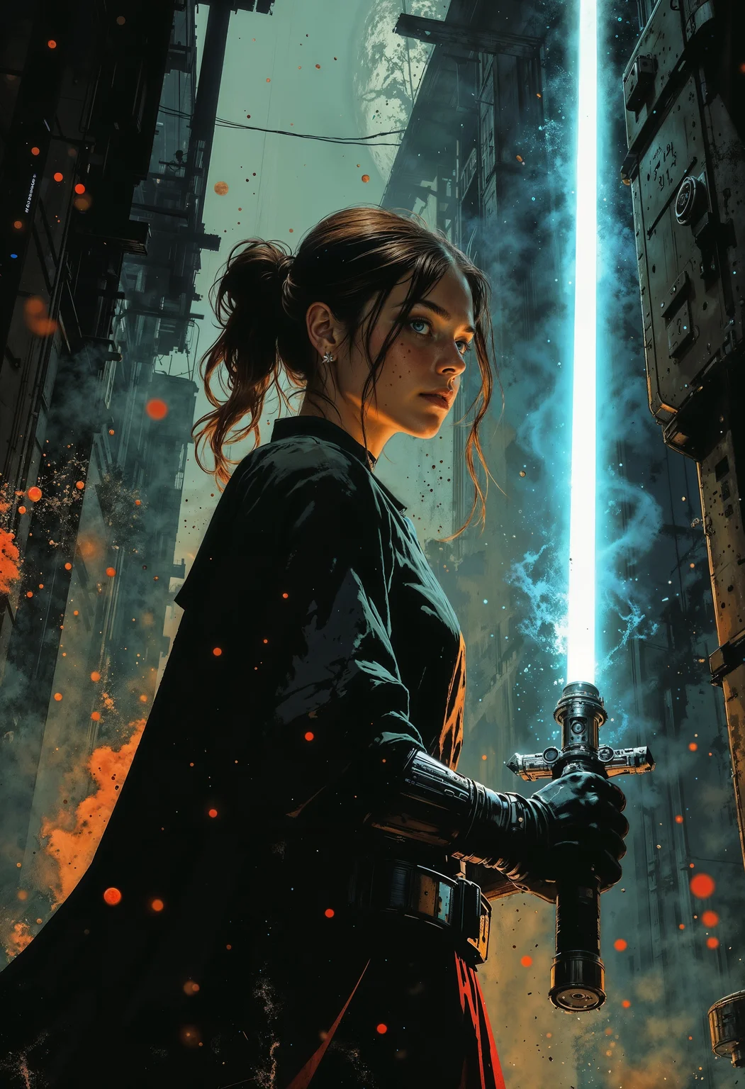 detailed photorealistic image, closeup portrait of female jedi knight, robes, holding lightsaber sword glowing blue with magical energy, standing in ray of sunlight inside a space ship, directional lighting, masterpiece, perfect composition, perfect hands <lora:FluxMythP0rtr4itStyle:0.5> mythp0rt <lora:sxz-Dark-Fantasy-v2-Flux:0.6> drkfnts style <lora:Luminous_Shadowscape:0.6> <lora:s1n0z1ck-flux-test-lora:0.35>