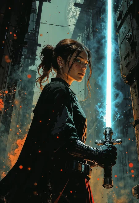 detailed photorealistic image, closeup portrait of female jedi knight, robes, holding lightsaber sword glowing blue with magical energy, standing in ray of sunlight inside a space ship, directional lighting, masterpiece, perfect composition, perfect hands <lora:FluxMythP0rtr4itStyle:0.5> mythp0rt <lora:sxz-Dark-Fantasy-v2-Flux:0.6> drkfnts style <lora:Luminous_Shadowscape:0.6> <lora:s1n0z1ck-flux-test-lora:0.35>