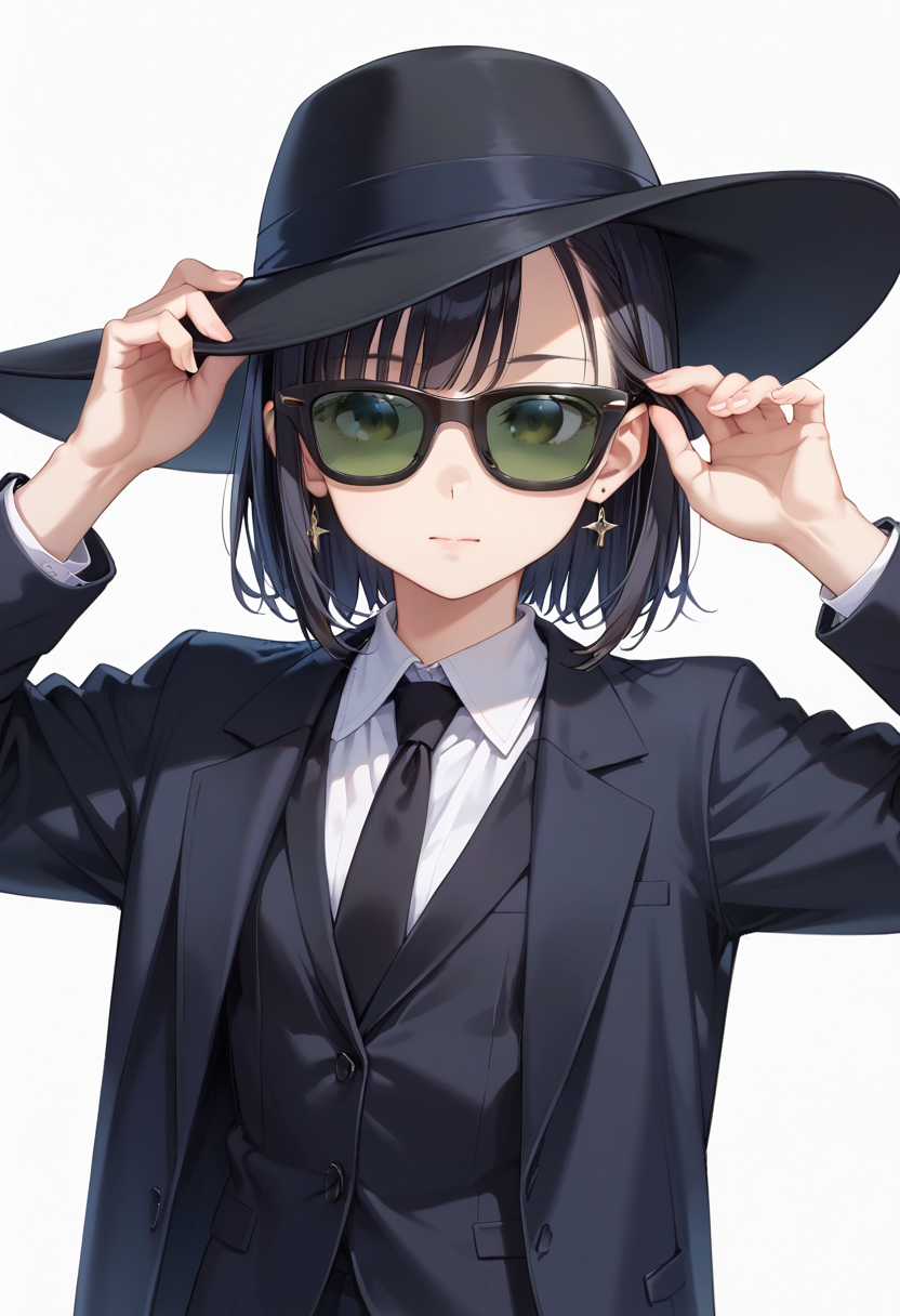 score_9, score_8_up, score_7_up, rating_safe, masterpiece, best quality, absurdres, unity 8k wallpaper, official art, official style, source_anime, uncensored, game cg, megami magazine,
1girl, solo, black hair, medium hair, upper body, covered eyes,sunglasses, formal, suit, black suit, necktie, black necktie, black fedora, black hat,
sg_WAYFARER, sunglasses, covered eyes, white background, simple background, darkgreen tinted eyewear, black-framed eyewear, 
 <lora:glasses_wayfarer_PONY_V1:1>