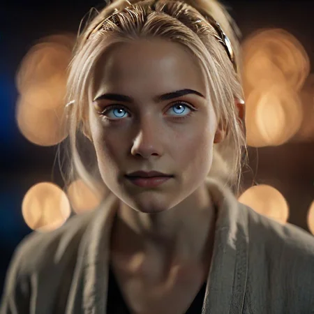 Daniella, young woman, blonde hair, blue eyes, pale skin, dark backdrop, lighting contrast, skin imperfections, skin pores, match flame, moody atmosphere, warm tones, close-up, sepia filter, intense gaze, nose ring, casual clothing, front view, low-key lighting, soft shadows, selective focus, bokeh, jewelry, rings, makeup, dramatic, mystery, intimate, cinematic feel., Fujifilm XT3, Canon R5, Fujicolor Fujichrome Velvia 100, <lora:dani-resize:1>