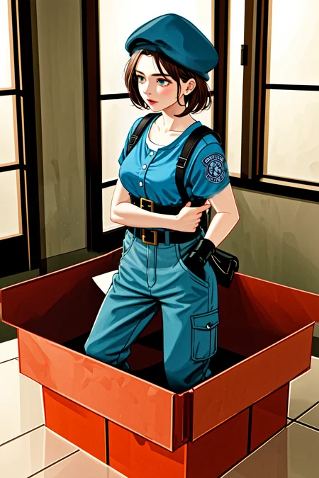 1girl in a gift box, <lora:yomama_surprise_gift_v5-10:0.8>yomama_surprise_gift_v5 <lora:LCM_LoRA_Weights_SD15:1> indoor, Christmas decoration <lora:jillvalentine-re-richy-v1:0.75> jillre1, beret, uniform, shoulder pads, short sleeves, harness, belt, pants, combat boots, belt pouch, fingerless gloves,