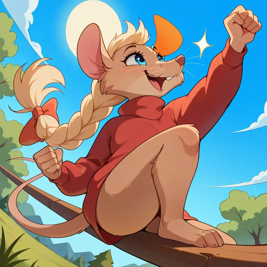 masterpiece, best quality, amazing quality, masterpiece, newest, absurdres, safe, , very aesthetic, absurdres, jennynimh2, anthro, furry female, mouse tail, blue eyes, mouse ears, mouse girl, brown fur, whiskers, blonde hair, long hair, braided ponytail, red turtleneck sweater, long sleeves, red bow, happy, smile, open mouth, jumping, midair, dynamic pose, one hand above head, clenched fists, one knee raised, dynamic pose, dynamic angle, dramatic angle, closed mouth, outside, sunny, blue sky volymetric lighting, from below, ((side vuew)), fullbody shot, , <lora:3d2116e4-c604-49e7-800c-60beed9a4787:1.2>