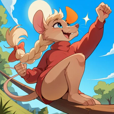 masterpiece, best quality, amazing quality, masterpiece, newest, absurdres, safe, , very aesthetic, absurdres,  jennynimh2, anthro, furry female, mouse tail, blue eyes, mouse ears, mouse girl, brown fur, whiskers, blonde hair, long hair, braided ponytail, red turtleneck sweater, long sleeves, red bow, happy, smile, open mouth, jumping, midair, dynamic pose, one hand above head, clenched fists, one knee raised, dynamic pose, dynamic angle, dramatic angle, closed mouth, outside, sunny, blue sky volymetric lighting, from below, ((side vuew)), fullbody shot, , <lora:3d2116e4-c604-49e7-800c-60beed9a4787:1.2>