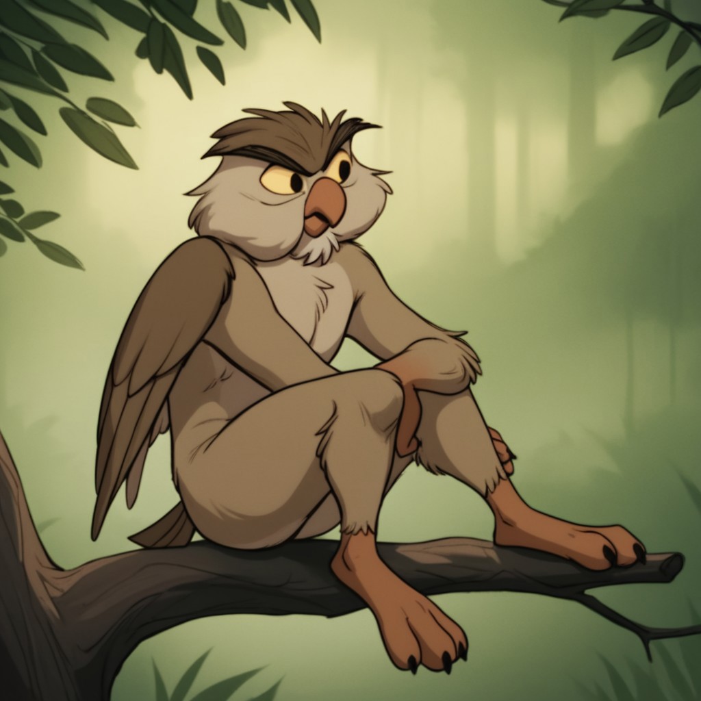 score_9, score_8_up, score_7_up, score_6_up, score_5_up, score_4_up, source_furry, Archimedesowl, anthro, male, owl, brown feathers, yellow sclera, black eyes, sitting, on branch, forest, wings