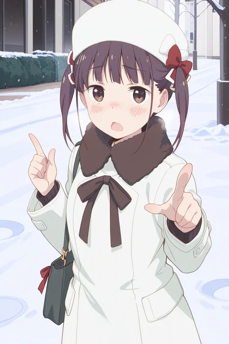 masterpiece, best quality, amazing quality,
<lora:Shizuku_IL:1> shizuku, 1girl, solo, hat, twintails, bag, coat, brown hair, pointing, open mouth, brown eyes, handbag, bow, blush, looking at viewer, ribbon, winter