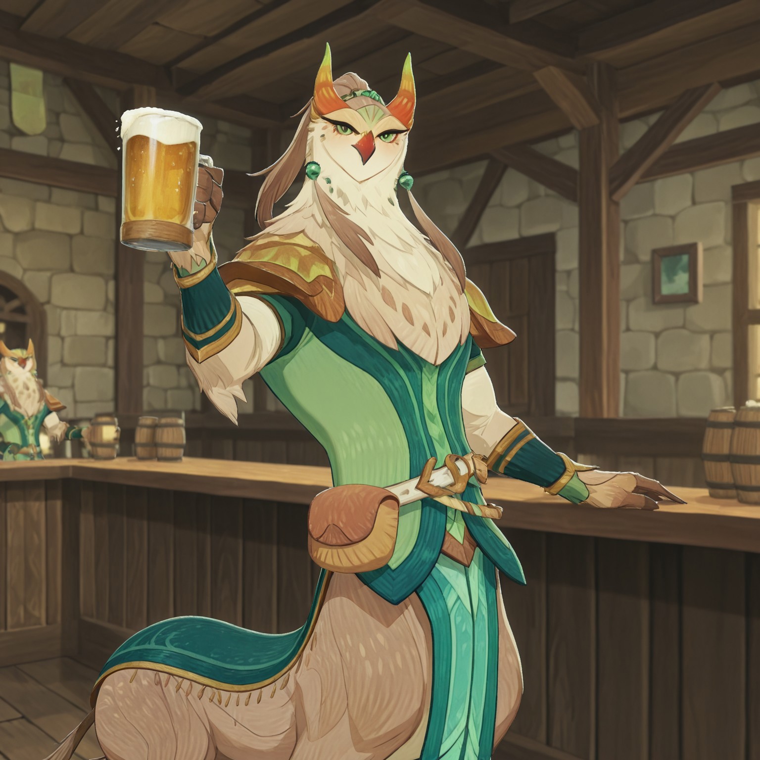 Solo, 2d, male, bird, owl, centaur, furry, furry male, green eyes, red beak, feathers, brown fur, white fur, orange horns, tail, ponytail, belt, green clothing, orange pauldrons, green wristbands, green legbands, jewelry, 

BREAK inside, indoors, tavern, sitting, hand on counter, looking at viewer, grinning, holding beer cup