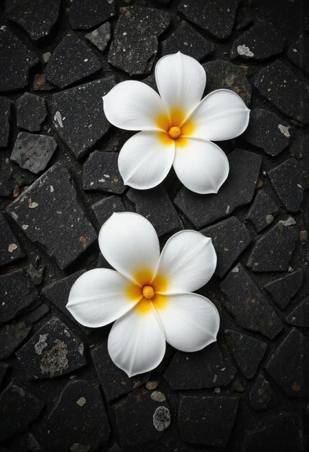 R3alism,A black and white photograph features two white plumeria flowers with yellow centers arranged diagonally across a dark, textured stone surface. The photograph employs selective color technique to maintain the natural white petals and yellow centers of the plumeria flowers while rendering the stone background in monochrome grayscale. The overhead close-up composition with shallow depth of field captures the flowers against the rough, granular texture of the stone surface. Natural, diffused lighting illuminates the scene evenly, creating subtle shadows that highlight the intricate details of both the delicate flower petals and the varied surface patterns in the stone. Close-up macro photography with selective color and natural lighting from above.By Tom Nulens