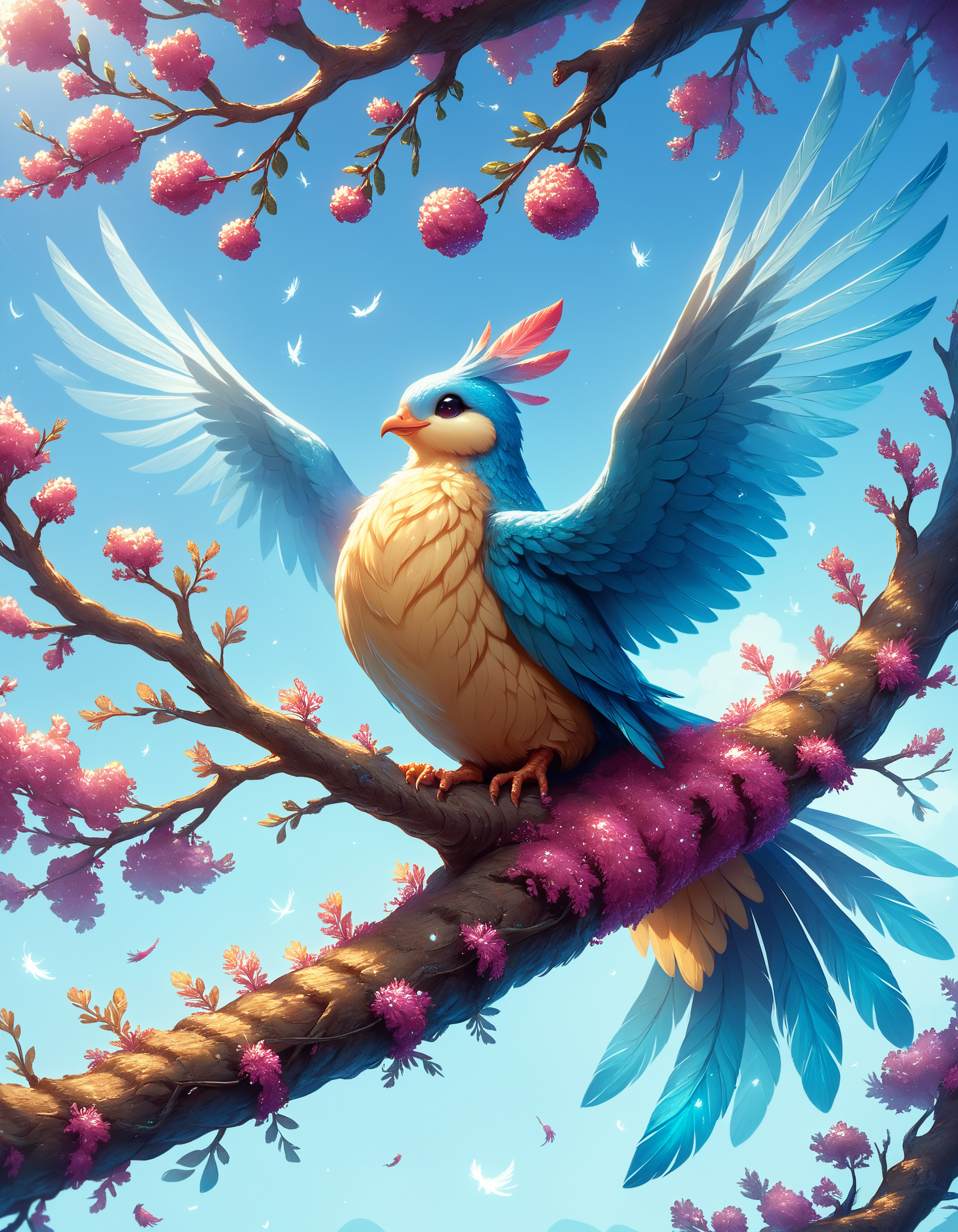 score_9, score_8_up, score_7_up, score_6_up, score_5_up, score_4_up, hyper detailed, a chicken dragon, feathers and scales, iridescent, glitter, sitting on branch, vibrant colors, cute, beautiful scenery, from below