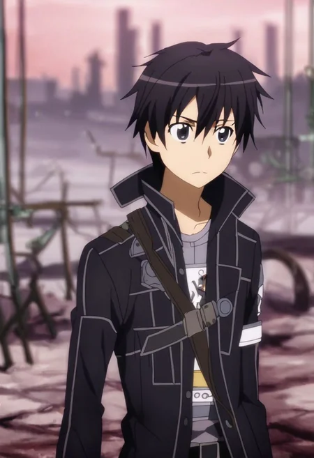 high resolution, professional photography, solo, best quality, 1Boy, Kazuto Kirigaya, Black Hair, Black Eyes, shallow depth of field, Post-Apocalyptic, survival, OverallDetail