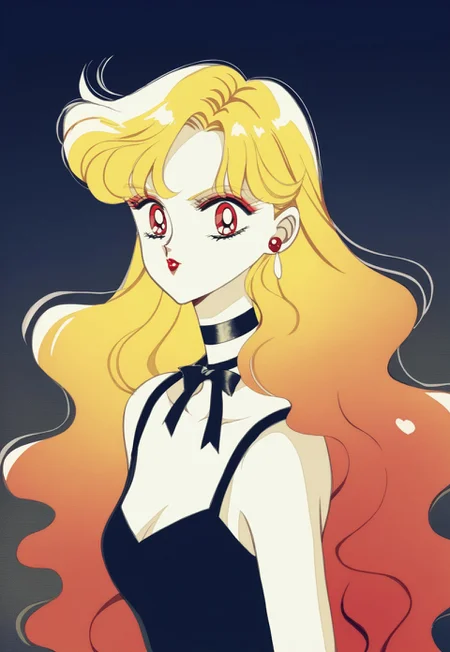 PonyXLV6_Scores BREAK Naoko Takeuchi Style, 1girl, solo, long hair, blonde hair, red hair, gradient hair, mulitcolored hair, red eyes, dress, ribbon, jewelry, upper body, earrings, choker, nail polish, black dress, makeup, wavy hair, lipstick, red nails, retro artstyle, ribbon choker,, trending on pixiv,  WatercolorMangaPDXL