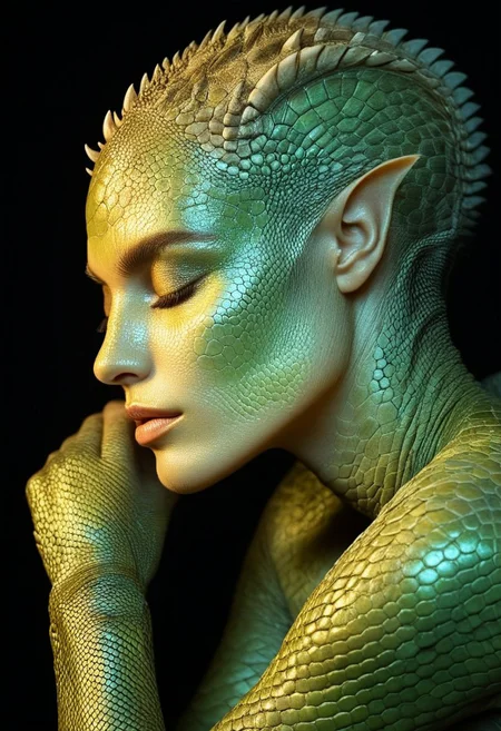 The image shows a woman in classical profile sitting pose with a unique, almost reptilian appearance. Her skin has a textured, scaly look, and she has pointed ears and small horns on her forehead. Her eyes are closed, and her lips are slightly parted. She appears to be resting her chin on her hand, which is covered in the same scaly texture as her skin. The background is dark, creating a dramatic contrast with her shimmering neon skin and the light that illuminates her face. The overall impression is one of otherworldly beauty and mystery.