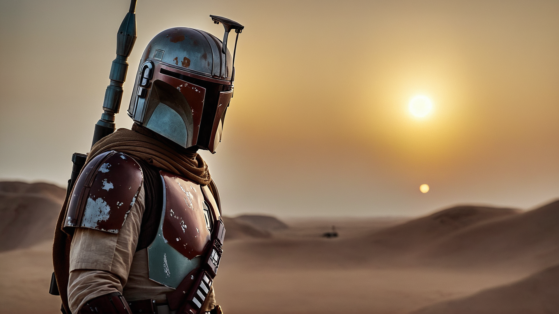 cinematic film still of  <lora:star wars style:0.2>
<lora:detailed:0.4> detailed
<lora:perfection style:0.4> perfect
<lora:PerfectEyesXL:0.5>
 <lora:Chiaroscuro Lighting Style:0.3>
 <lora:Tatooine:1>
Tatooine a mandalorian in a helmet holding a gun in a desert with a sun and another sun in sky,in star wars style,1boy,holding,weapon,outdoors,holding weapon,gun,helmet,scenery,rifle,sunset,sun,assault rifle,desert, shallow depth of field, vignette, highly detailed, high budget, bokeh, cinemascope, moody, epic, gorgeous, film grain, grainy