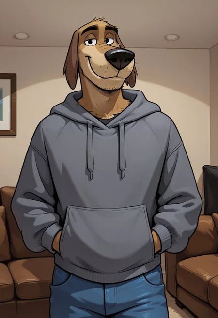 high quality, detailed, source_furry, male, solo male, Dukey, 1boy, broad shoulders, mature male, black eyes, athletic build, animal ears, canine, stubble, anthro, anthro male, tan body, bottom heavy, floppy ears, long snout, light tan underbelly, grinning, looking at viewer, hands in front pocket, gray hoodie, blue jeans, half-body shot, living room, high quality