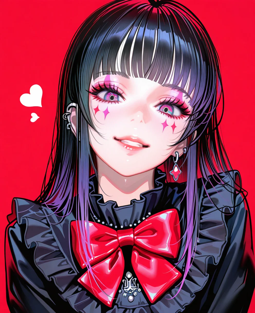 <lora:johnC:1>,
(masterpiece), (best quality), (ultra-detailed), amazing quality, very aesthetic, illustration, perfect composition, intricate details, absurdres, incredibly absurdres, shiny skin, realistic,
john, 1girl, solo, long hair, black hair, looking at viewer, bow, red background, bowtie, smile, multicolored hair, red bow, blunt bangs, simple background, upper body, eyelashes, parted lips, piercing, makeup, lips, heart, red bowtie, color hair, facial mark, frills, red lips, multicolored eyes, general