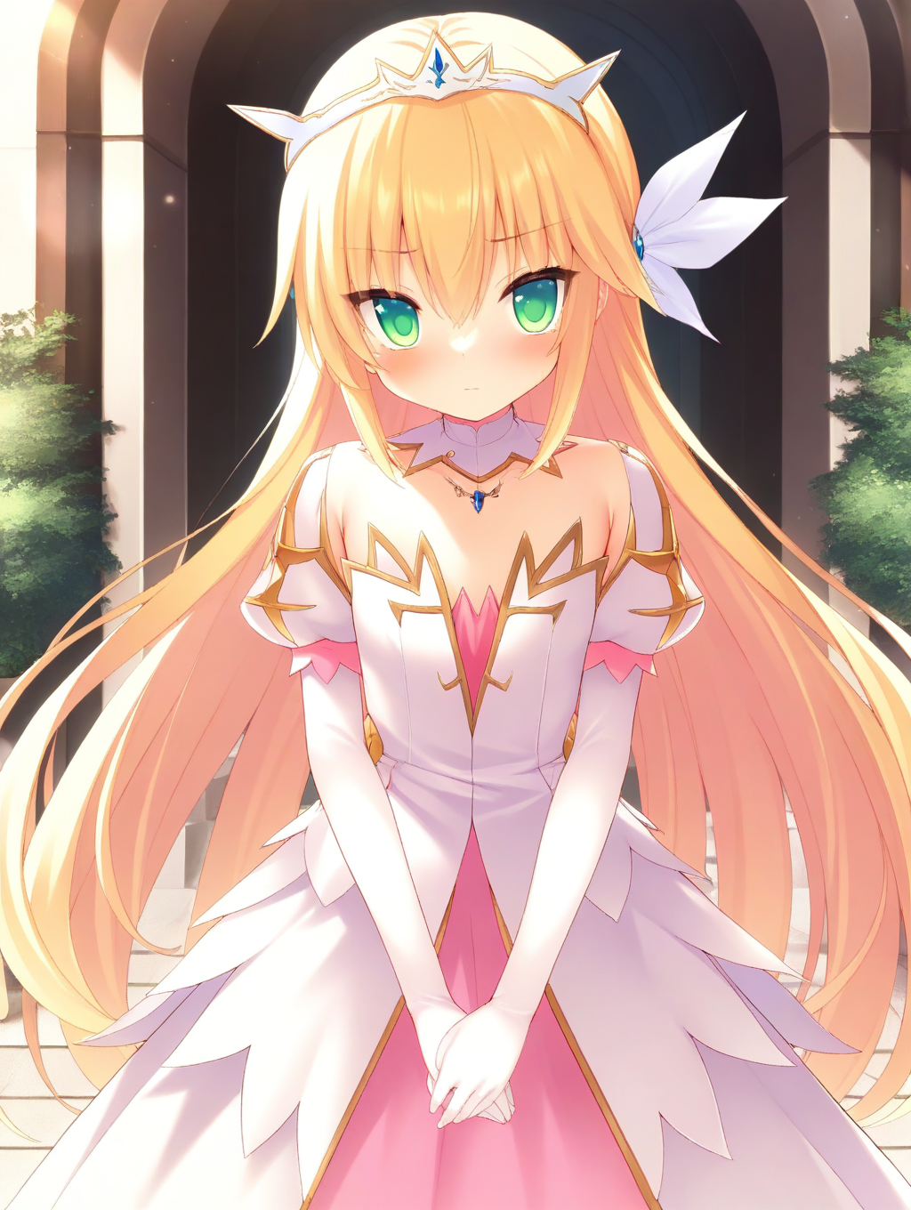 masterpiece,best quality,amazing quality,very aesthetic,absurdres,newest,scenery,<lora:iris milla_ilxl_v1-000010:0.8>,1girl,long hair,blonde hair,solo,green eyes,flat chest,dress,tiara,gloves,own hands together,very long hair,princess,v arms,blush,elbow gloves,iris milla,standing,looking at viewer,