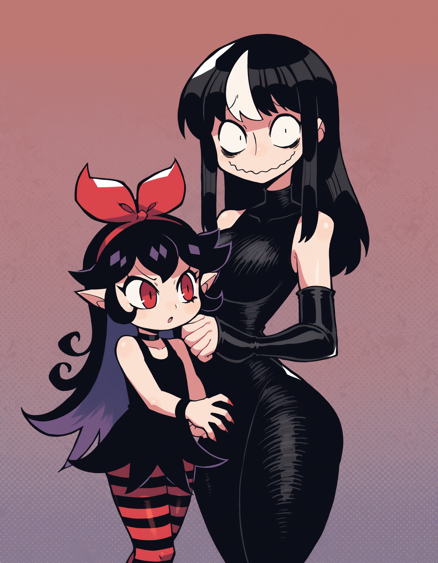 zPDXL, score_9, score_8_up, score_7_up, source_anime, 1girl, solo, <lora:rariatto_v1:0.8> rariatto, jaggy lines, 2girls, multiple girls,
2girls, multiple girls, long hair, black hair, red eyes, dress, bow, hair bow, pantyhose, hairband, choker, pointy ears, fang, striped clothes, black dress, red bow, wristband, colored inner hair, multicolored hair, red hairband, vampire, striped pantyhose, child, little girl,
2girls, multiple girls, long hair, breasts, looking at viewer, large breasts, black hair, gloves, dress, white hair, multicolored hair, black gloves, elbow gloves, fingerless gloves, black dress, streaked hair, wavy mouth, sharp fingernails, vampire, sanpaku,