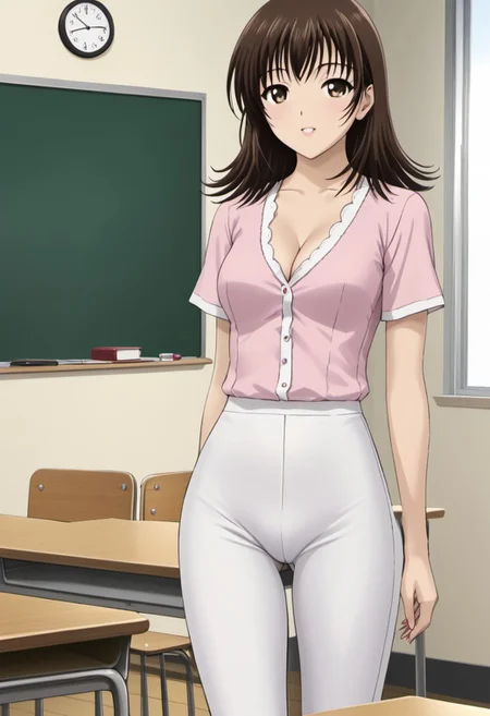 Hand detailed, solo, Takako Shimizu, solo, medium length hair, brown hair, brown eyes, detailed pupils, feminine, sensual, white dress pants, tight clothing, pink shirt, cleavage, short sleeves, turning back, round ass, writing on blackboard, classroom background, desk, whiteboard, desks, students, windows, daylight