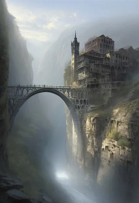A narrow rocky gorge, on the walls of which a city is built. Long arches of bridges connect the walls of the gorge and the buildings with each other. Sunlight barely breaks through from above, and fog rises at the bottom of the gorge. Rare mysterious lights burn in the windows of abandoned houses, style by Lovecraft, meticulous, intricate, entangled, intricately detailed