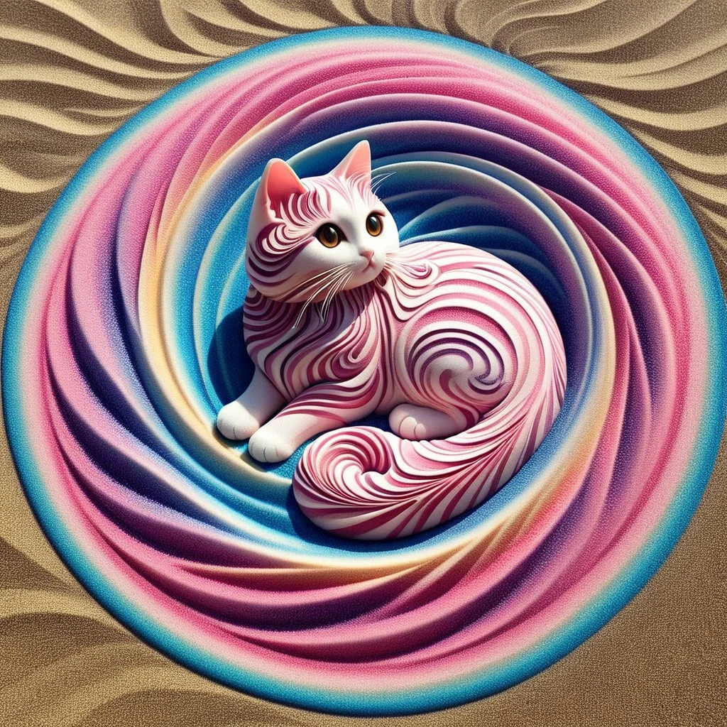 A cute chibi cat on in a swirl garden, kaleidoscopic illusions. sandswirl, swirling sand