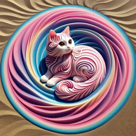A cute chibi cat on in a swirl garden, kaleidoscopic illusions. sandswirl, swirling sand