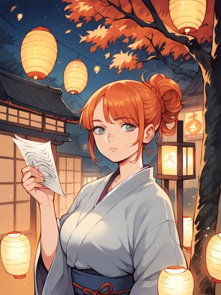 source_anime, score_9, score_8_up, score_7_up, score_6_up, score_5_up, ginger hair, grey eyes, <lora:h31k4l4XLP:1> h31k4l4, solo, curvy, japanese clothes, paper lantern, tree,