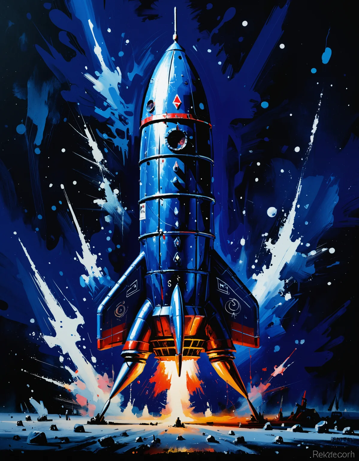 zavy-ngtvpnt, painting, traditional Czech Rocketship, the Rocketship is Meek, in a Mad Max setting, Relaxed, Cold Lighting, Depth of field 100mm, Iridescent and deep blue flakes, symbolism, contest winner, painterly, classic, handsome, luxurious, rich vivid colors, very, striking