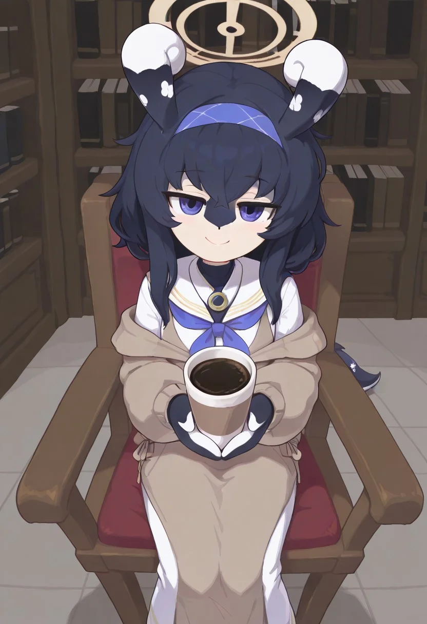 masterpiece, curly ears, stubby tail, dark blue skin, ui kozeki(blue archive), clothed, giving coffee to viewer, smiling, eyes slightly open, sitting in chair,  library background,