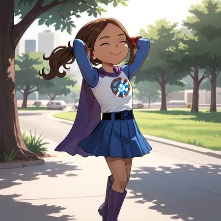 score_9, score_8, score_7, break, solo, female child, lucita_s, 1girl, dark skin, brown hair, ponytail, superhero, pleated skirt, cape, fingerless gloves, boots, smile, one eye closed, tongue, arms behind head, tree, natural lighting