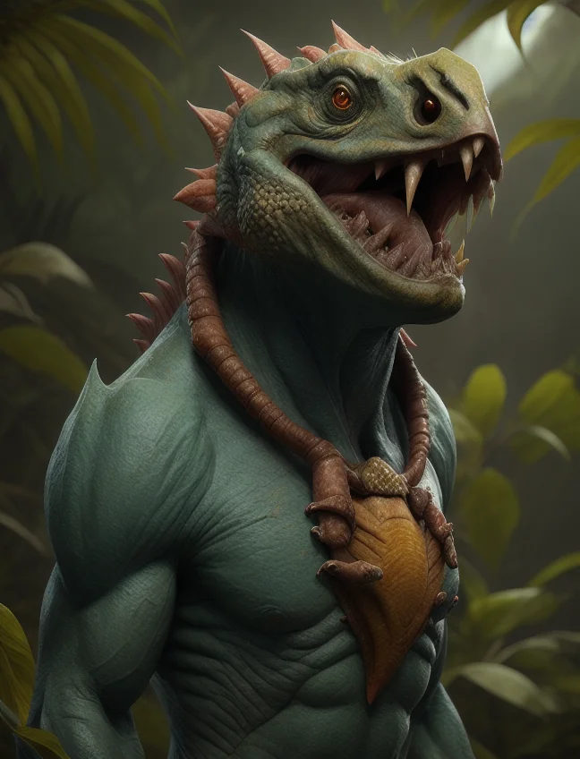 a Fantz creature with (turtle:0.7) and (Shark:0.3) head, in a tropical jungle, <lora:CreaturesDesignV1:1>