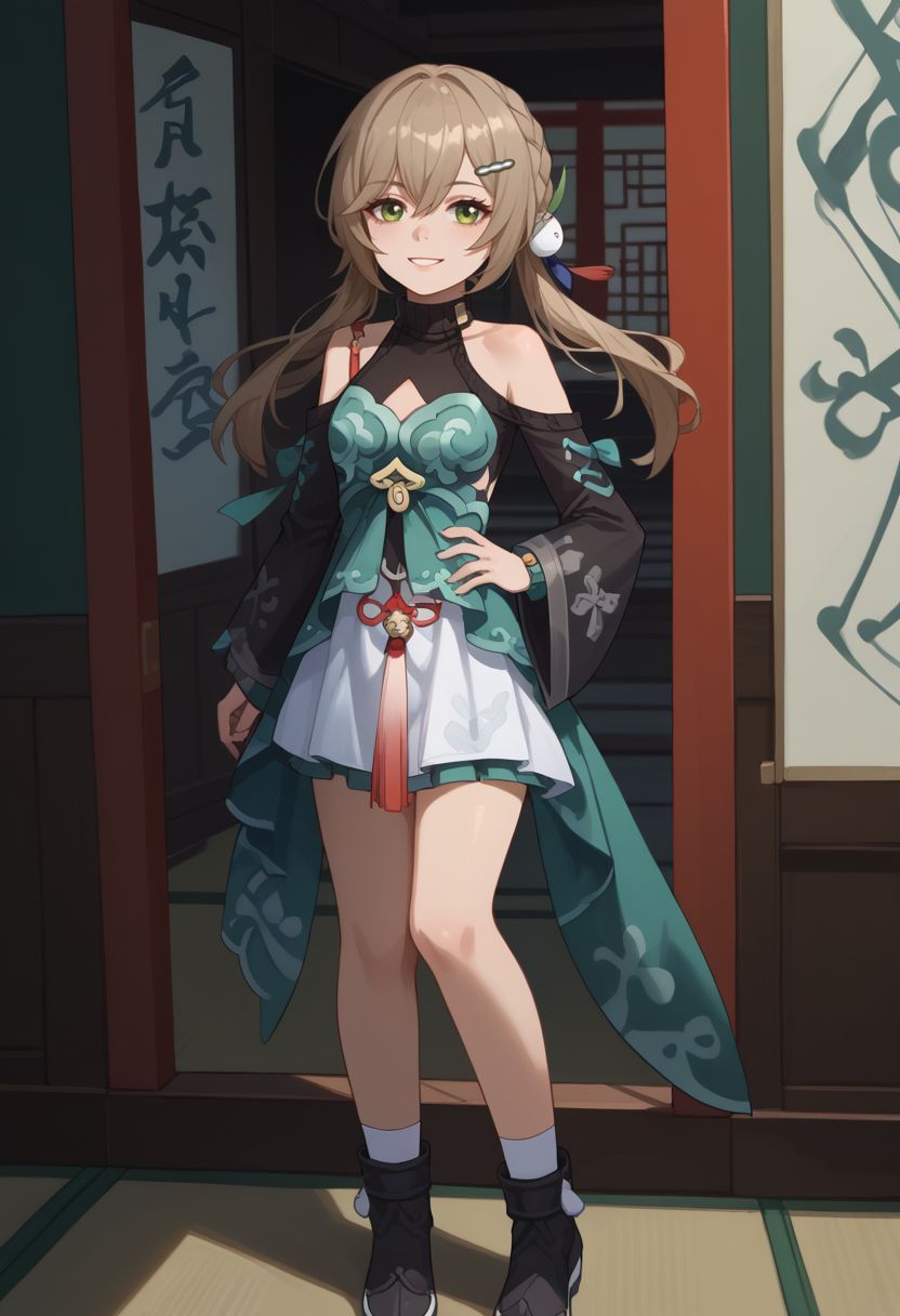 score_9, score_8_up, score_7_up, source_anime, 1girl, qingquedef, green eyes, brown hair, long hair, twintails, braid, hair ornament, hairclip, small breasts, bare shoulders, shoulder cutout, clothing cutout, cleavage cutout, turtleneck, dress, long sleeves, skirt, tassel, white socks, black footwear, boots, standing, smile, looking at viewer, indoors, shrine, close-up, facing viewer, hand on hip, <lora:Qingque_v1-000010:1>